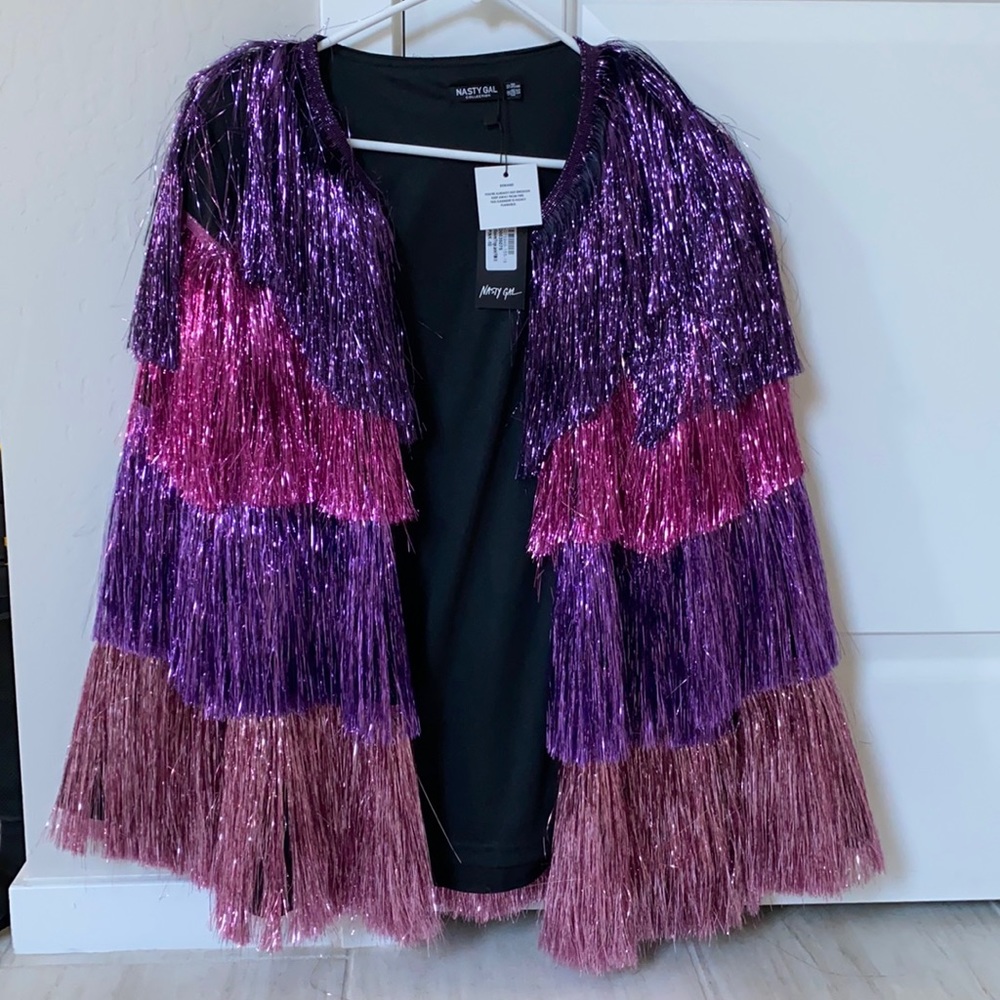 Nasty Gal Metallic Tiered Fringe Open Front Jacket